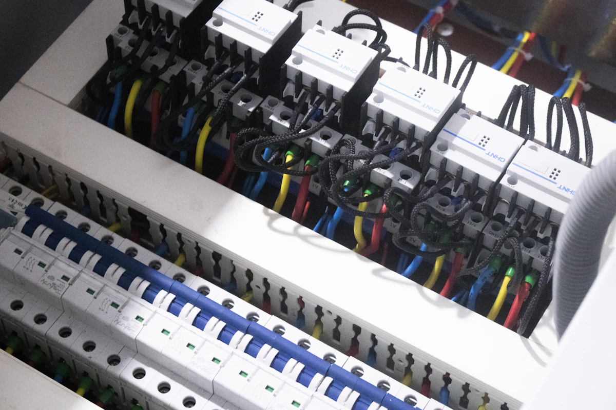 The inside of an open electrical panel: two rows of circuit breakers with red, blue and yellow wires landed on the terminals.
