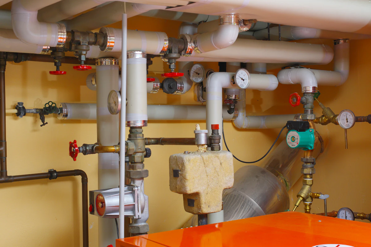 A plumbing riser in a boiler room: pipes, red gate valves, pressure gauges and a circulating pump on an ochre wall above an orange boiler.