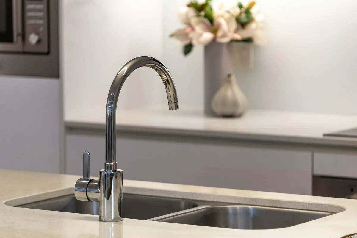 A single chrome gooseneck tap over a stainless double sink in a quiet kitchen.