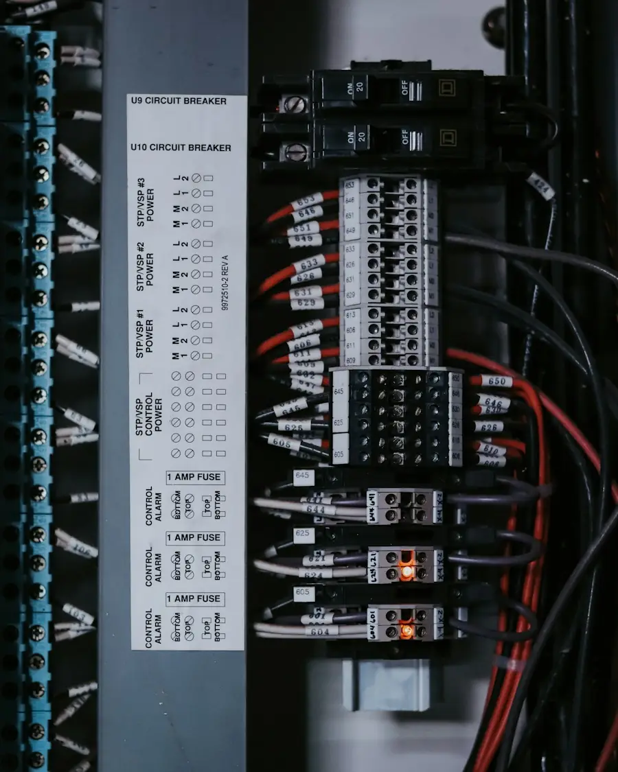 A control panel wired and finished, every breaker and fuse carrying a printed label and every conductor numbered.
